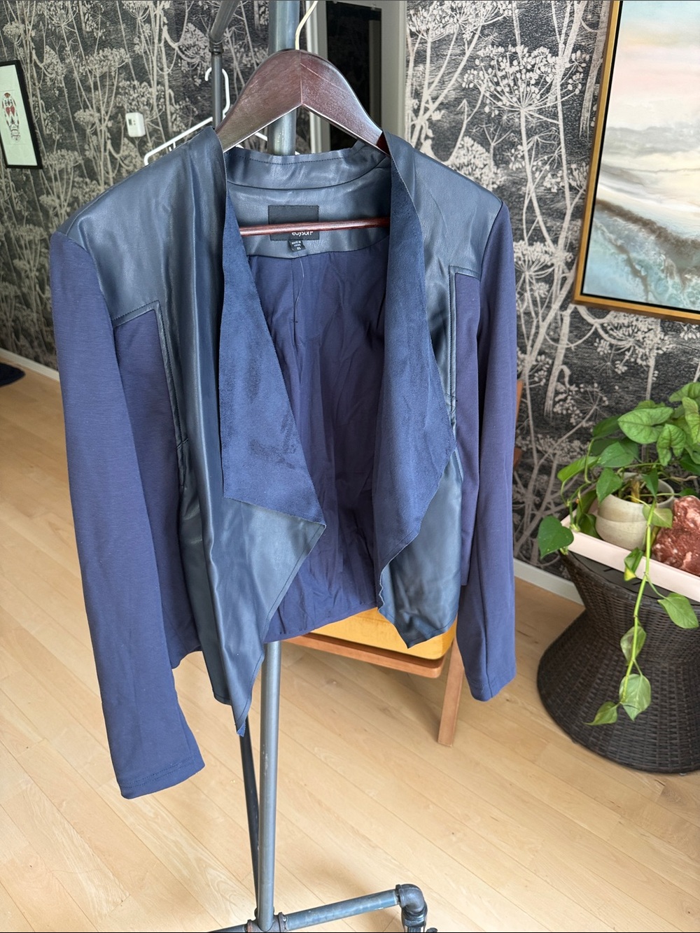 Express Navy Mixed-Media Draped Open Blazer